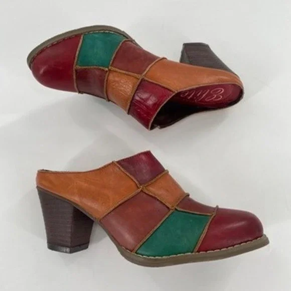 Elite by Corkys‎ Patches Multi Color Leather Patchwork Heeled Mules Size 6 - Picture 2 of 9